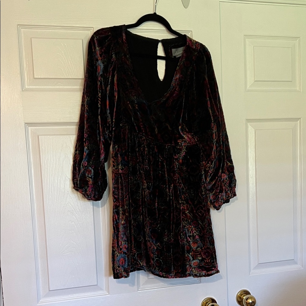 Anthropologie Velvet Long Sleeve Dress - Black and Red
